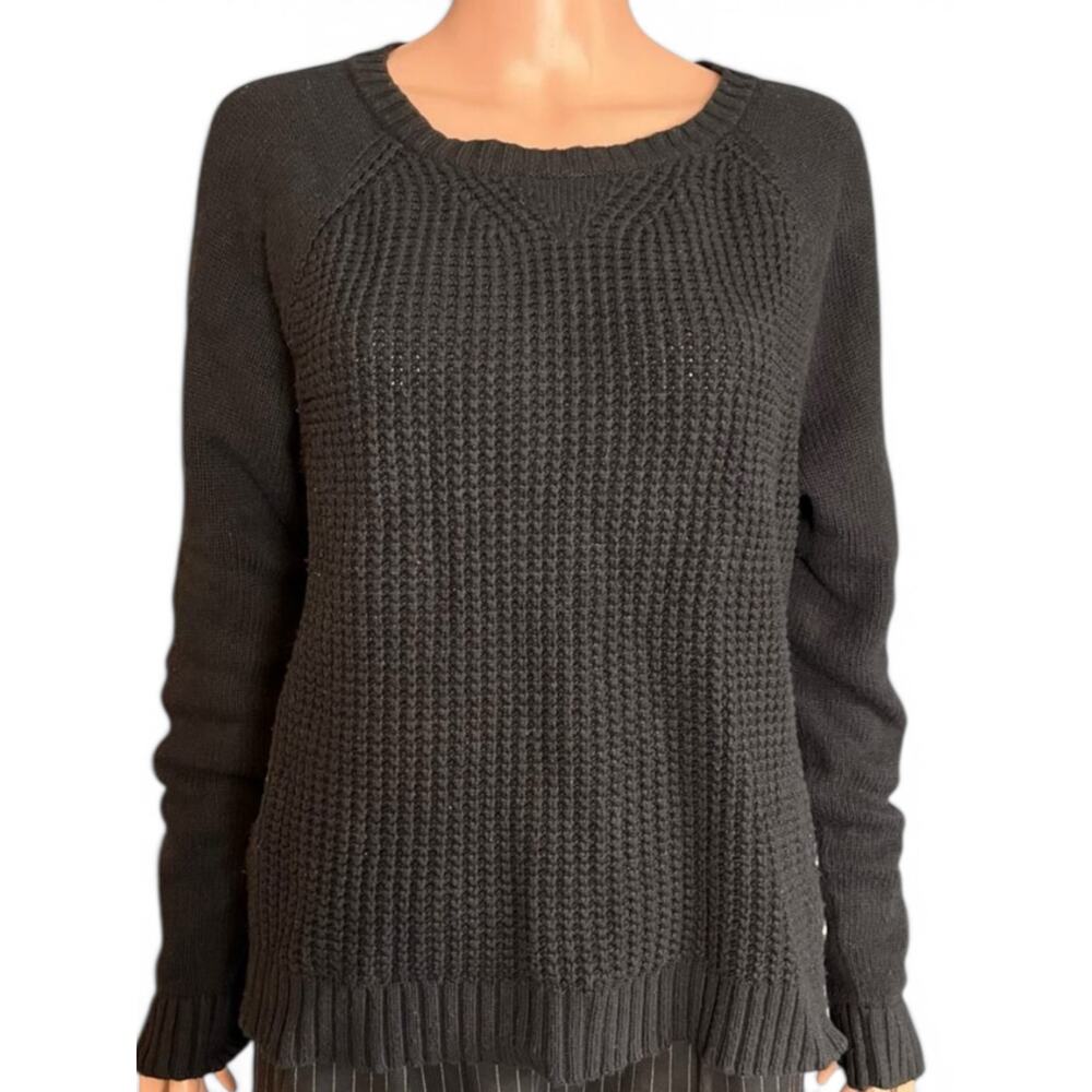 Lauren Jeans Black Waffle Knit Cotton Angora Blend Sweater L Side Button Accent
